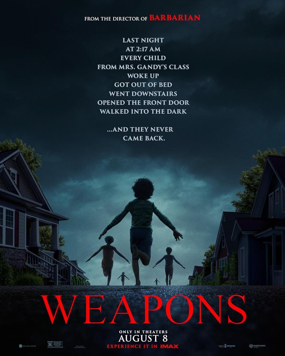 Movie poster for Weapons, featuring five children running down a suburban street with the arms extended.