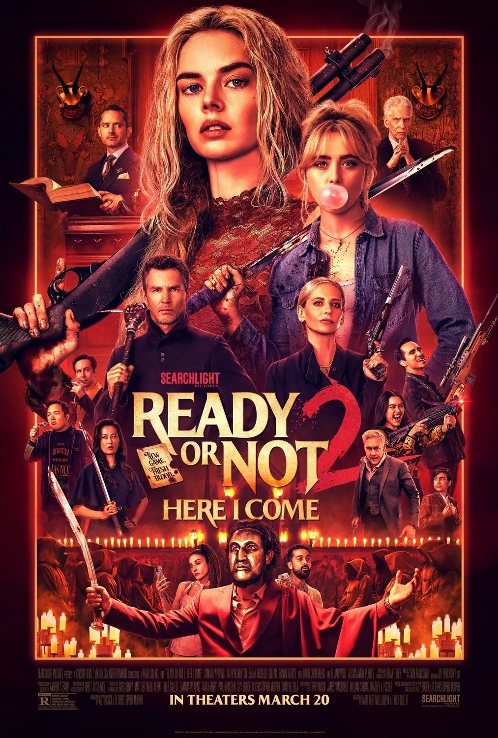 Ready or Not 2: Here I Come poster, featuring Grace, Faith, and the rival families in a red light brandishing weapons at the viewer.