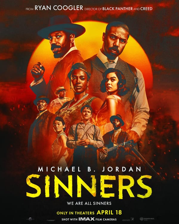 Cast of Sinners in front of orange sun, Bright yellow text