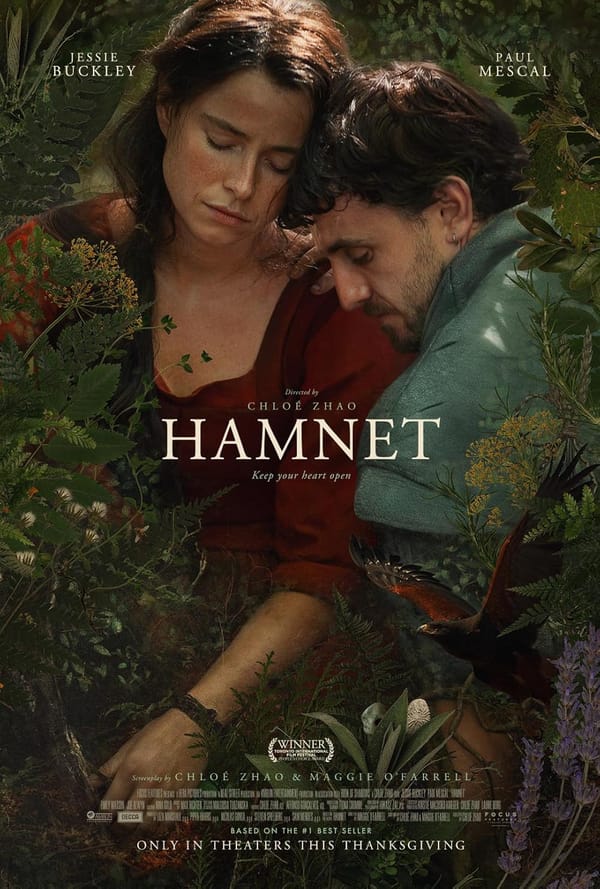 Hamnet movie poster, featuring Agnes and William Shakespeare surrounded by plants.