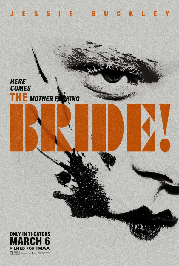 Poster for The Bride! Black outline of the Bride's face on a gray background with bright orange title.